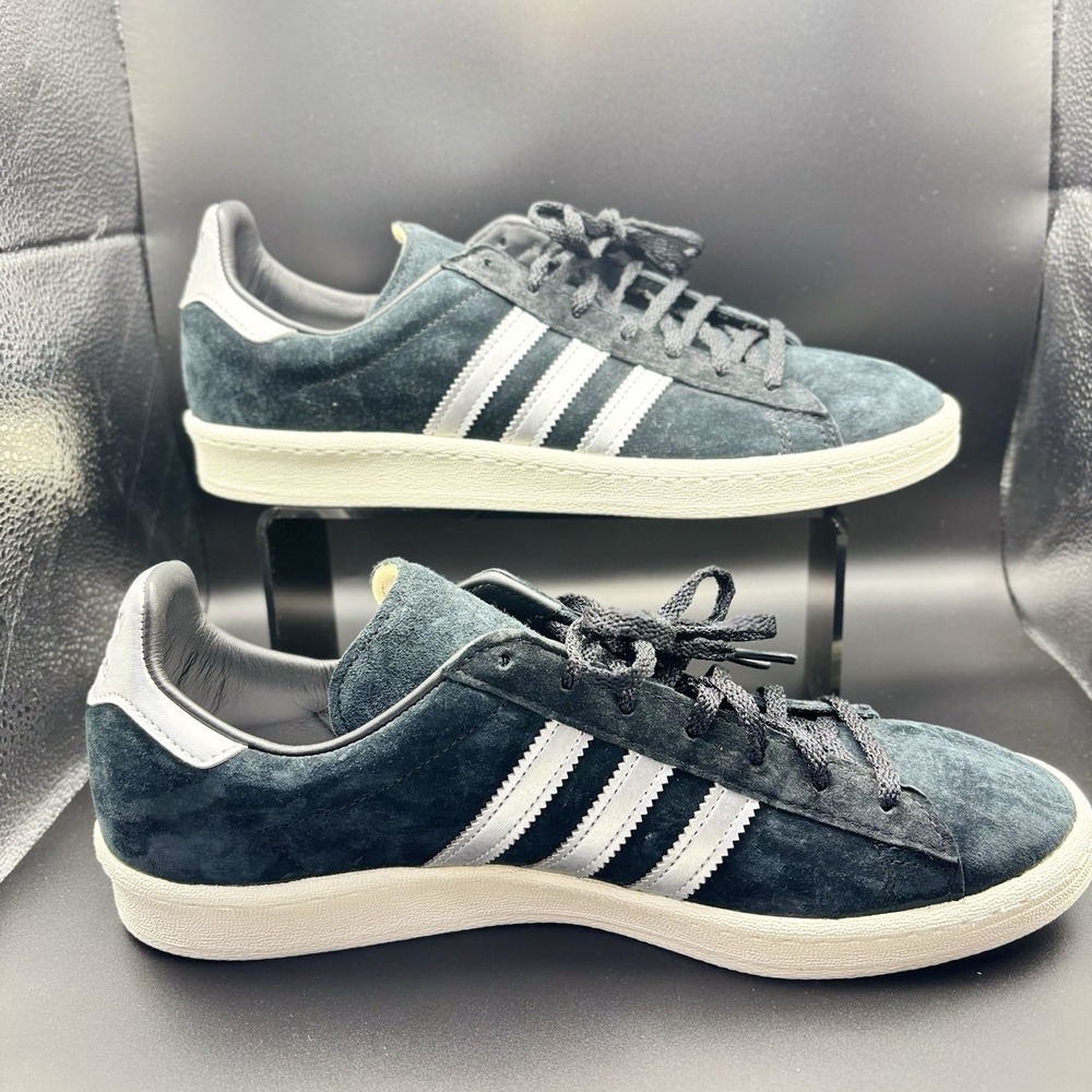 Size 5US- Adidas Campus 80s Stripe, Black/Snow White/ Metallic Silver